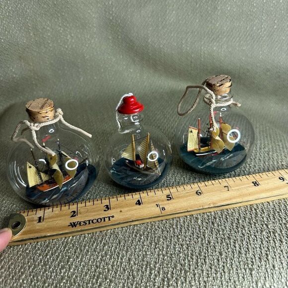 Ship in a bottle glass ball ornaments sailboat on the sea round Set of 3 - Picture 8 of 9